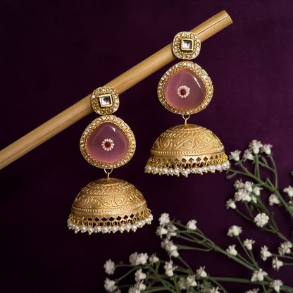 Samar Golden & Pastel Pink Kashmiri Brass Jhumka Earrings