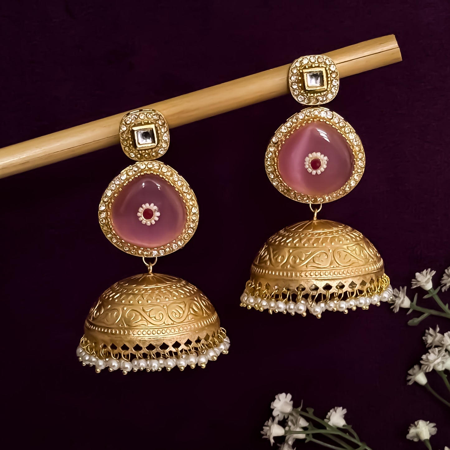 Samar Golden & Pastel Pink Kashmiri Brass Jhumka Earrings