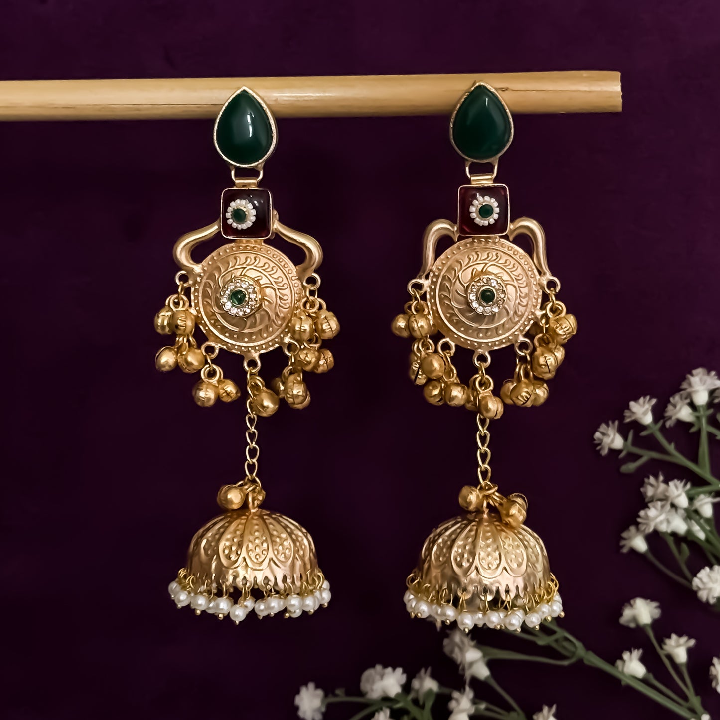 Nritya Golden Premium Kashmiri Brass Jhumka Earrings
