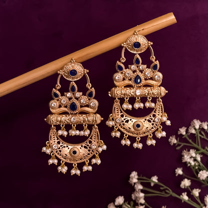 Bhavya Golden & Blue Kashmiri Brass Jhumka Earrings