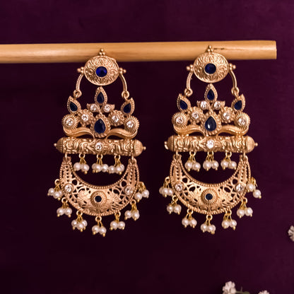 Bhavya Golden & Blue Kashmiri Brass Jhumka Earrings