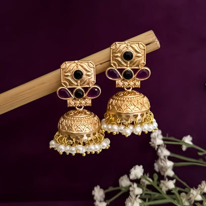 Shanvika Pink & Black Premium Kashmiri Brass Jhumka Earrings