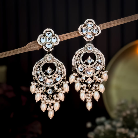 Rushali Kundan Pearl Chandbali Earrings - Golden