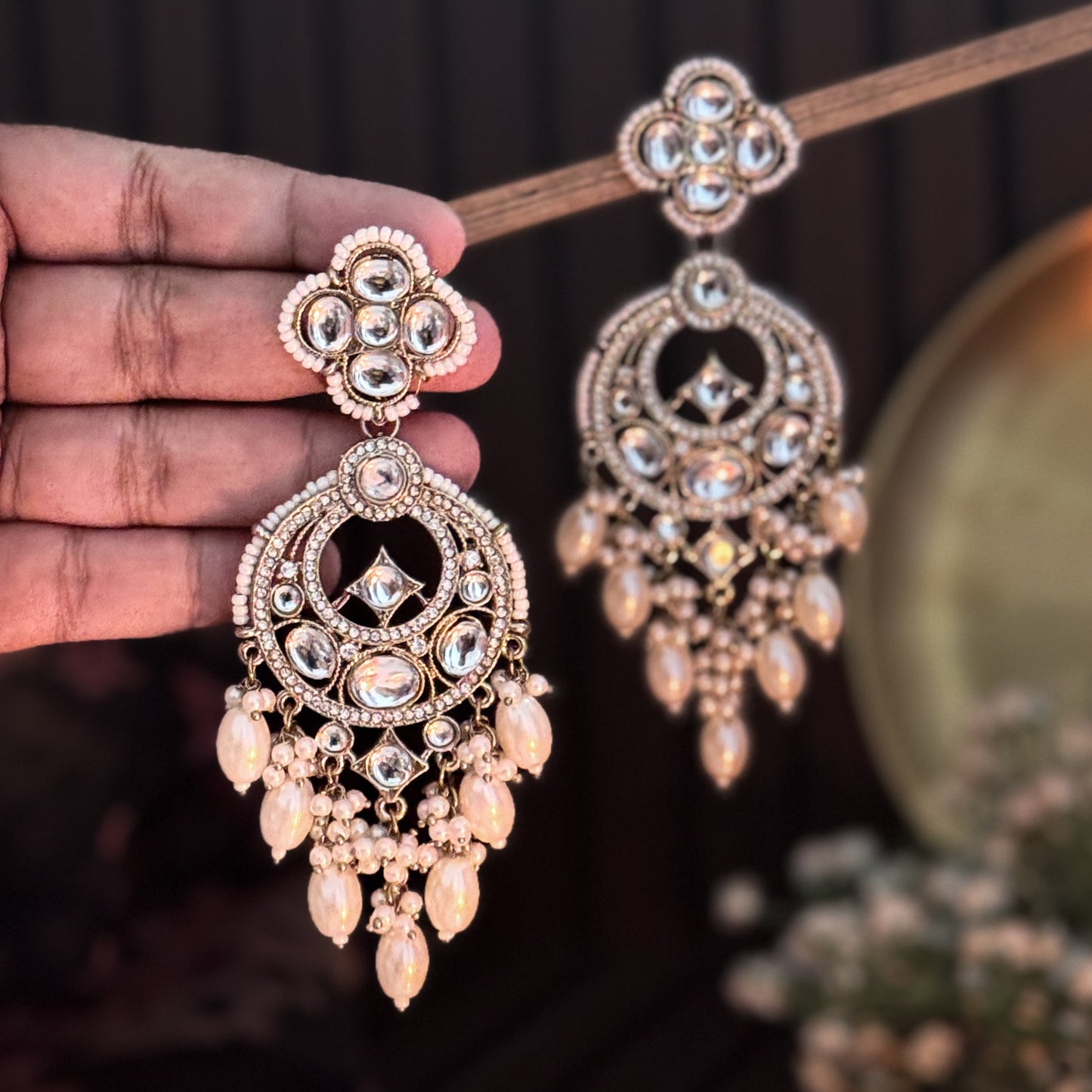 Rushali Kundan Pearl Chandbali Earrings - Golden