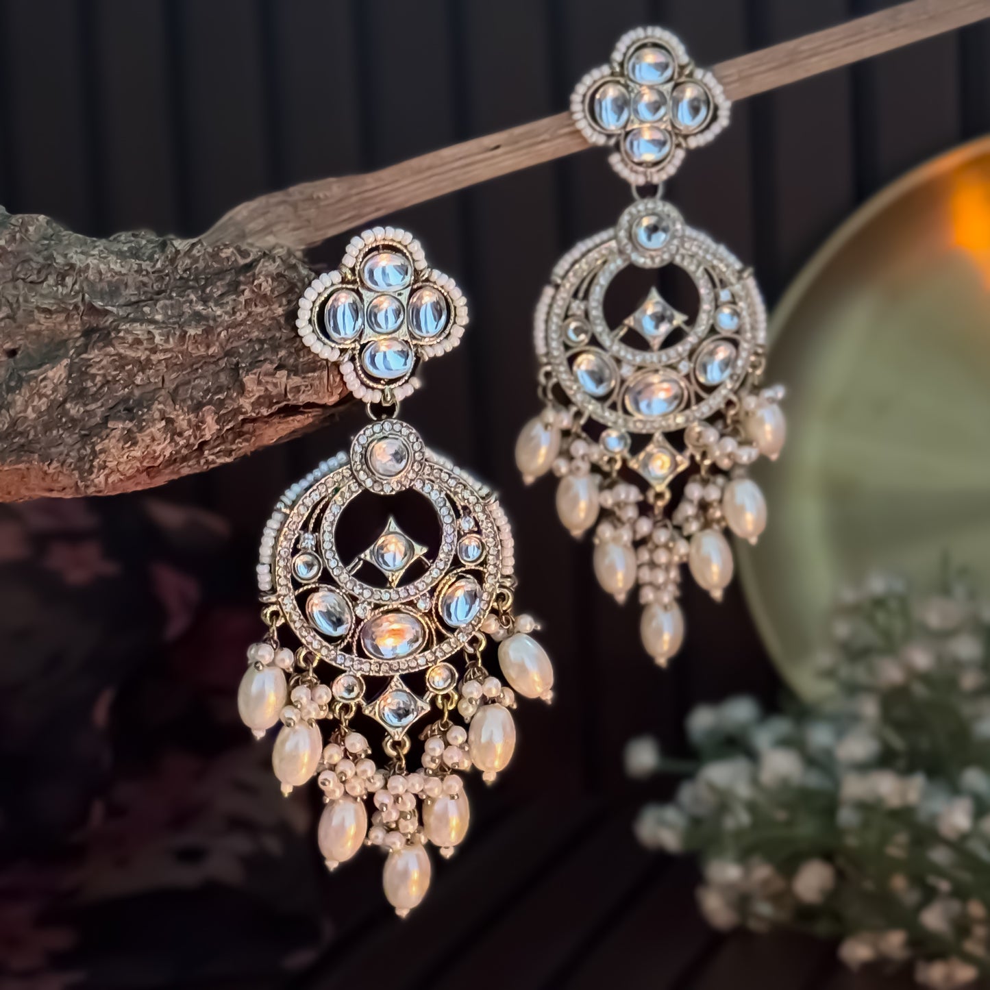 Rushali Kundan Pearl Chandbali Earrings - Golden