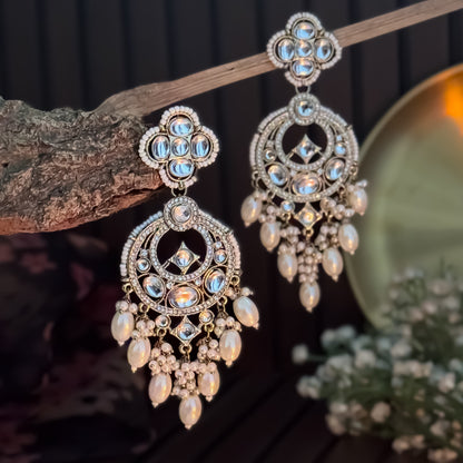 Rushali Kundan Pearl Chandbali Earrings - Golden
