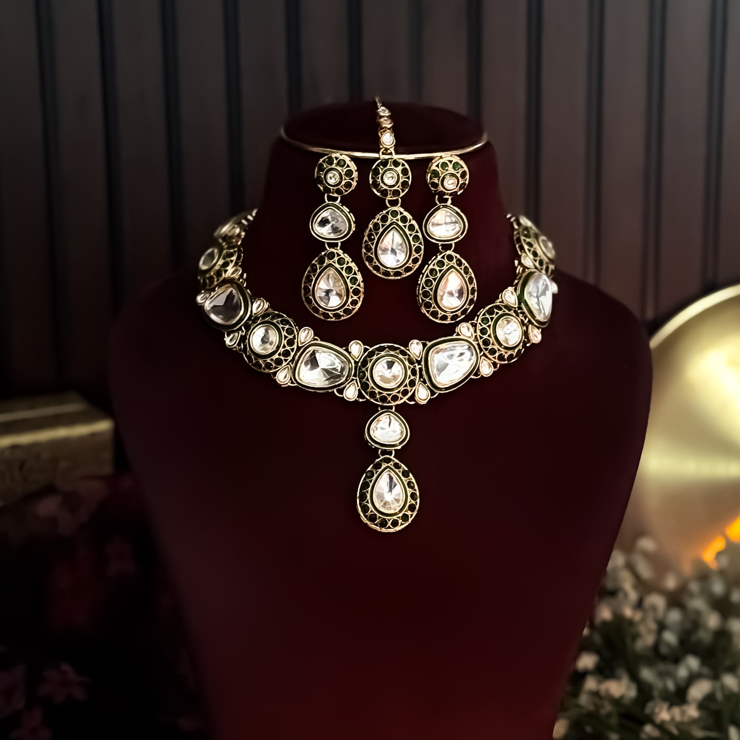 Ashnoor Kundan Necklace Set - Green