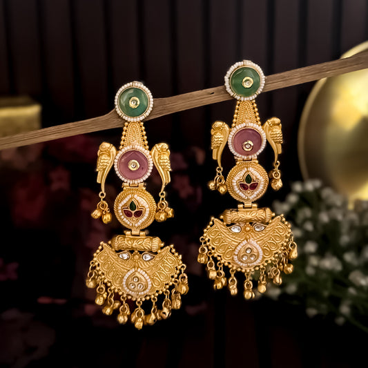 Dhwani Kashmiri Brass Dejhoor Ghungroo Jhumka Earrings - Pastel Pink & Pastel Green