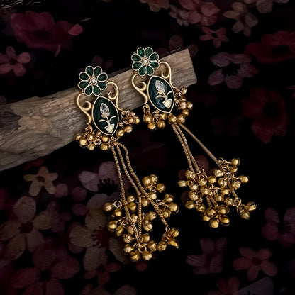 Suhani Kashmiri Brass Dejhoor Ghungroo Earrings - Golden & Green