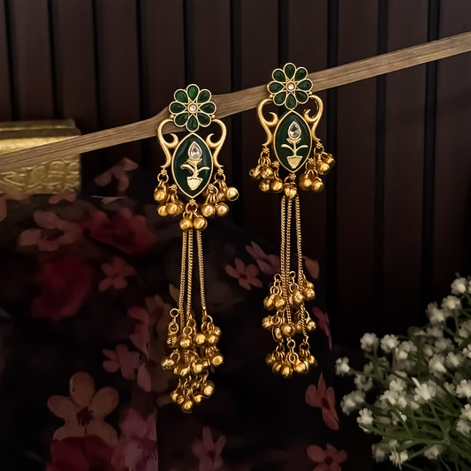 Suhani Kashmiri Brass Dejhoor Ghungroo Earrings - Golden & Green
