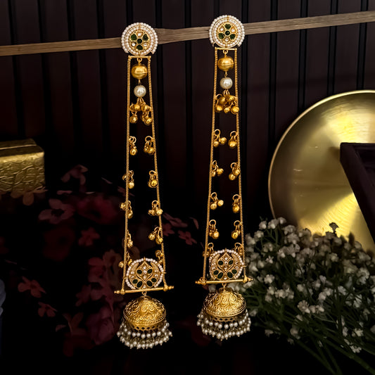 Anwita Kashmiri Brass Dejhoor Jhumka Ghungroo Earrings - Golden