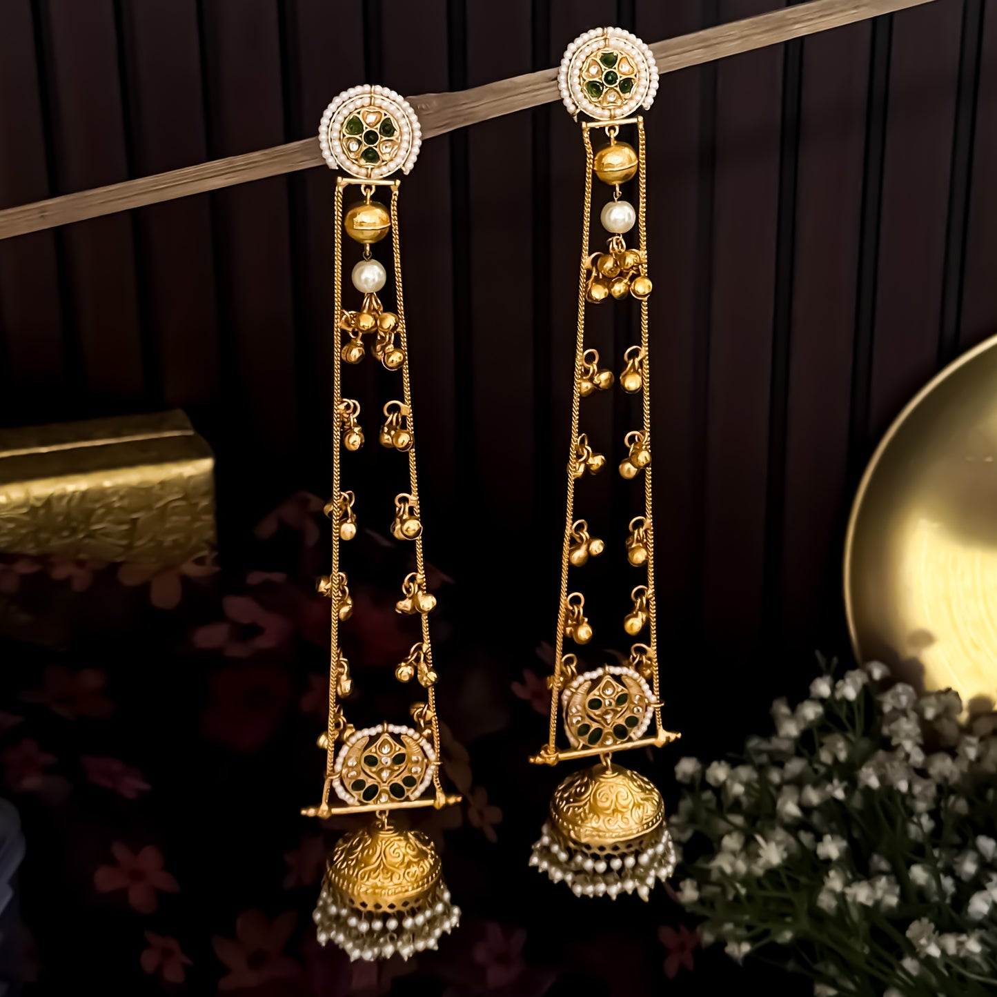 Anwita Kashmiri Brass Dejhoor Jhumka Ghungroo Earrings - Golden