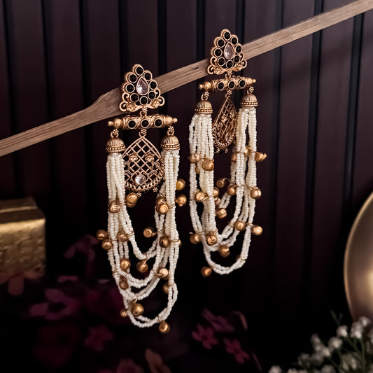 Shambhavi Premium Kashmiri Brass Pearl Chandbali Earrings - Black & Golden