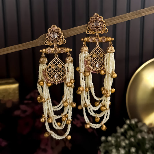 Shambhavi Premium Kashmiri Brass Pearl Chandbali Earrings - Baby Pink
