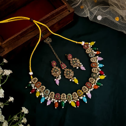 Nitika  Jadau Reverse AD Sleek Multi Necklace Set with Earrings & Teeka