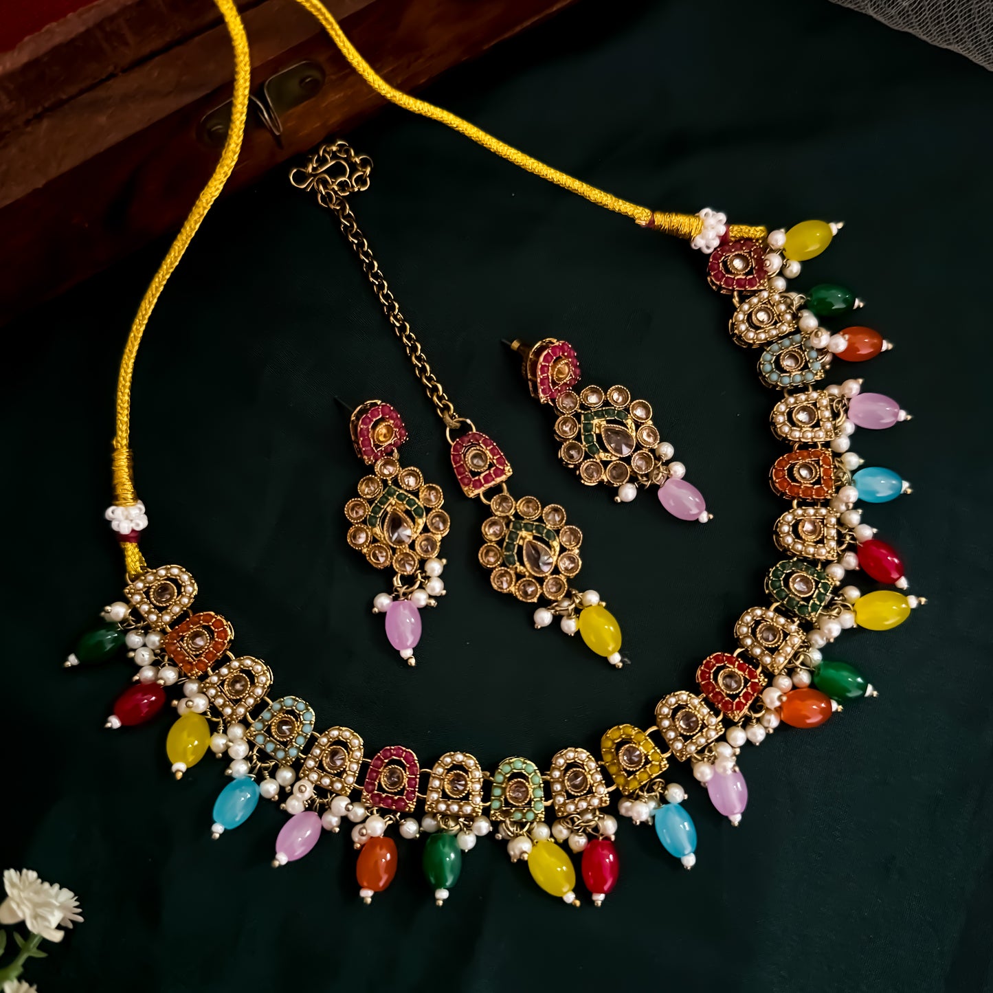 Mishka Jadau Reverse AD Sleek Multi Necklace Set with Earrings & Teeka