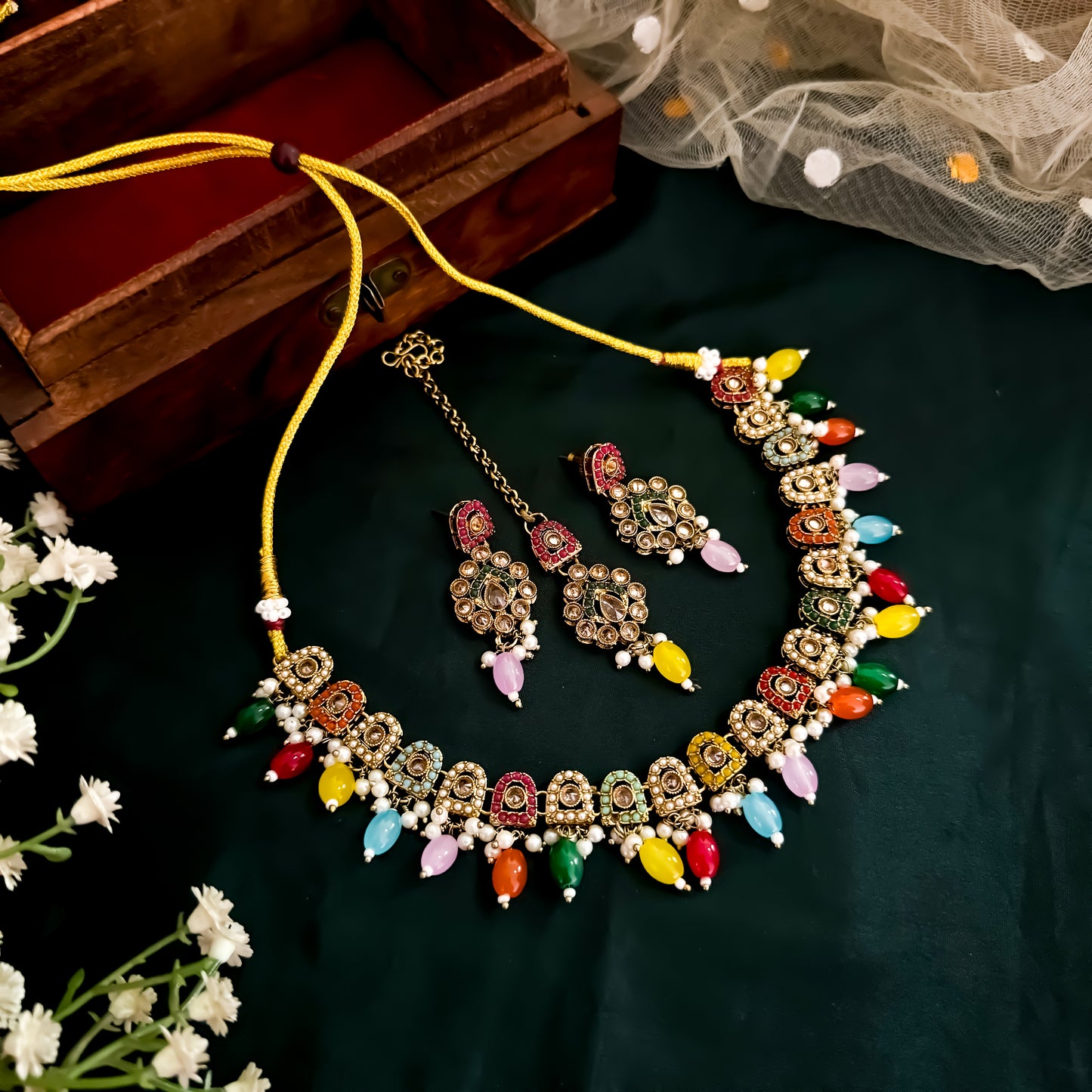 Mishka Jadau Reverse AD Sleek Multi Necklace Set with Earrings & Teeka