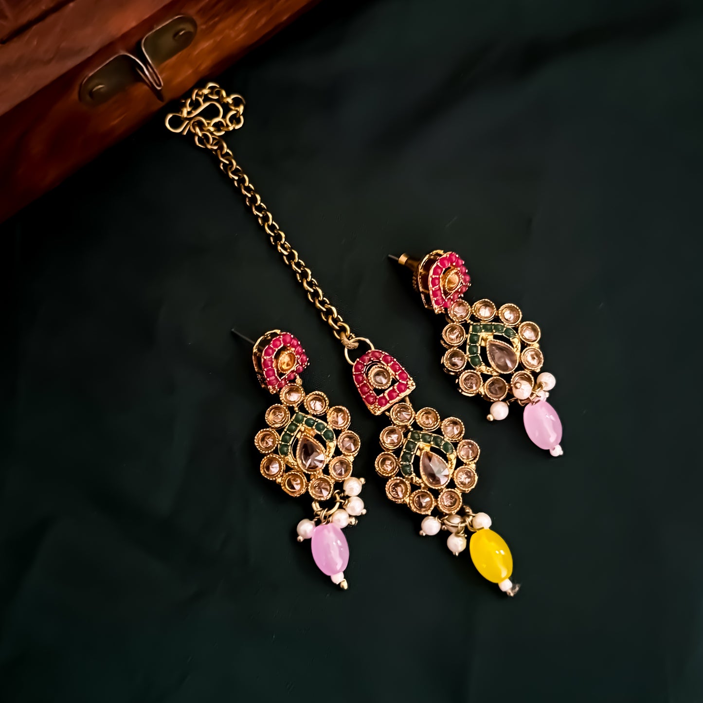 Mishka Jadau Reverse AD Sleek Multi Necklace Set with Earrings & Teeka