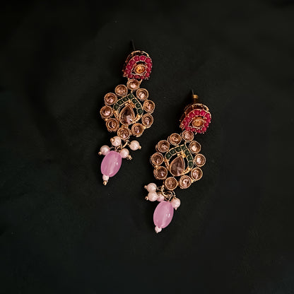 Mishka Jadau Reverse AD Sleek Multi Necklace Set with Earrings & Teeka