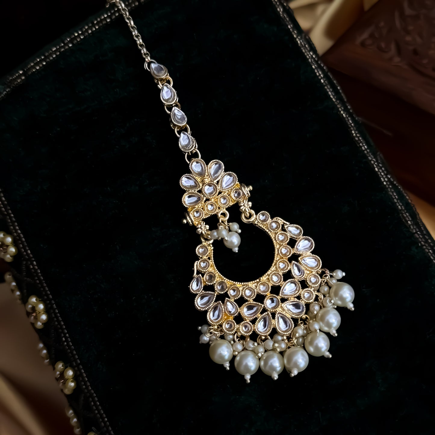 Sharanya Kundan Pearl Maang Teeka - Golden