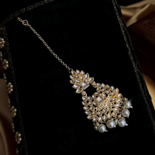 Kumudini Kundan Pearl Maang Teeka - Golden