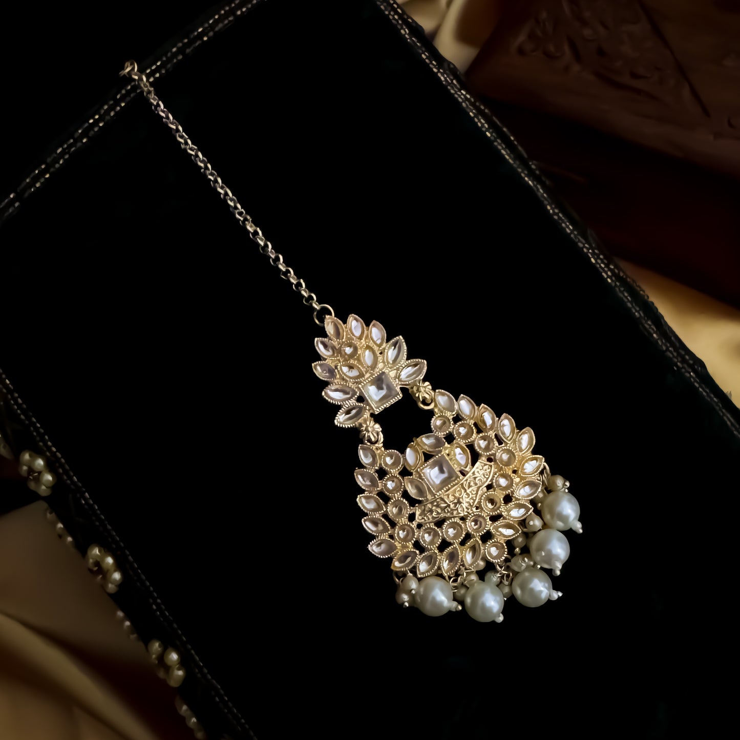 Kumudini Kundan Pearl Maang Teeka - Golden