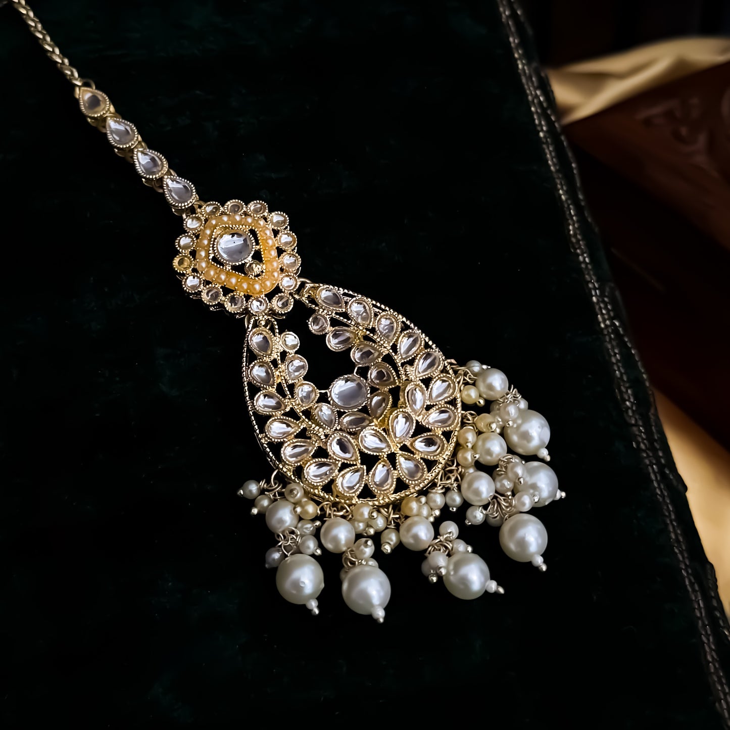 Ira Kundan Pearl Maang Teeka - Golden