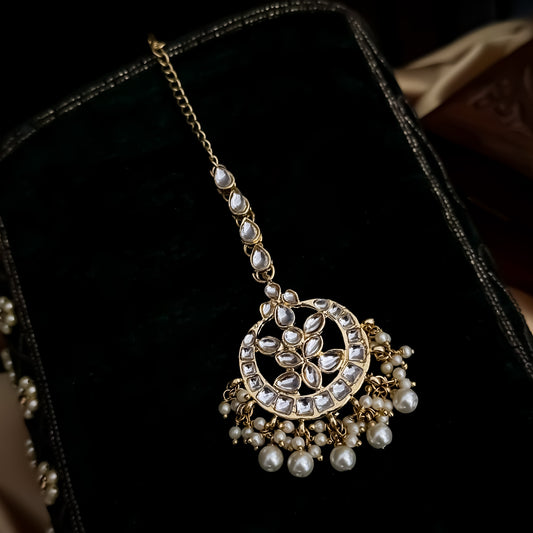 Shivnidhi Kundan Pearl Maang Teeka - Golden