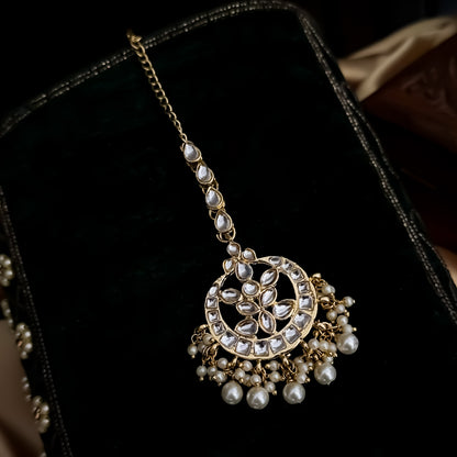 Shivnidhi Kundan Pearl Maang Teeka - Golden