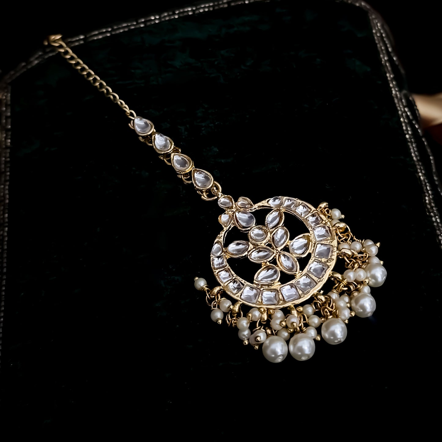 Shivnidhi Kundan Pearl Maang Teeka - Golden