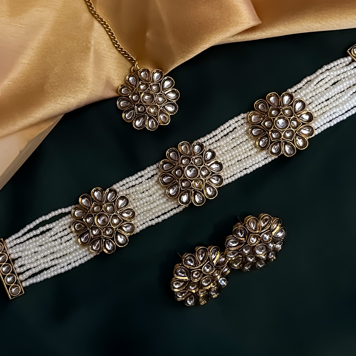 Diksha Kundan Choker Necklace Set - Golden