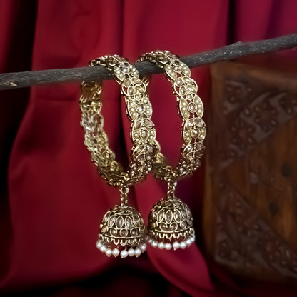 Lashkara Reverse AD Premium Jadau Kaleere Jhumka Bangles (Set of 2) - Golden