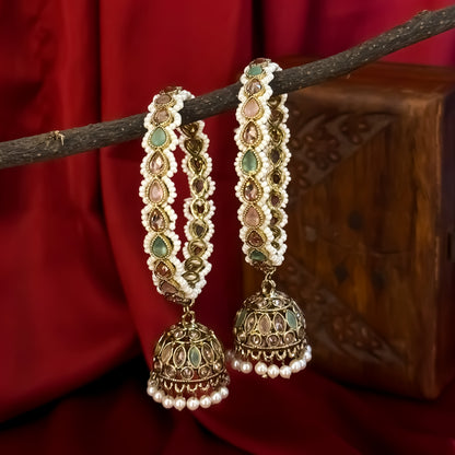 Mehram Premium Reverse AD Kaleere Jhumki Bangles (Set of 2) - Pastel Pink & Pastel Green