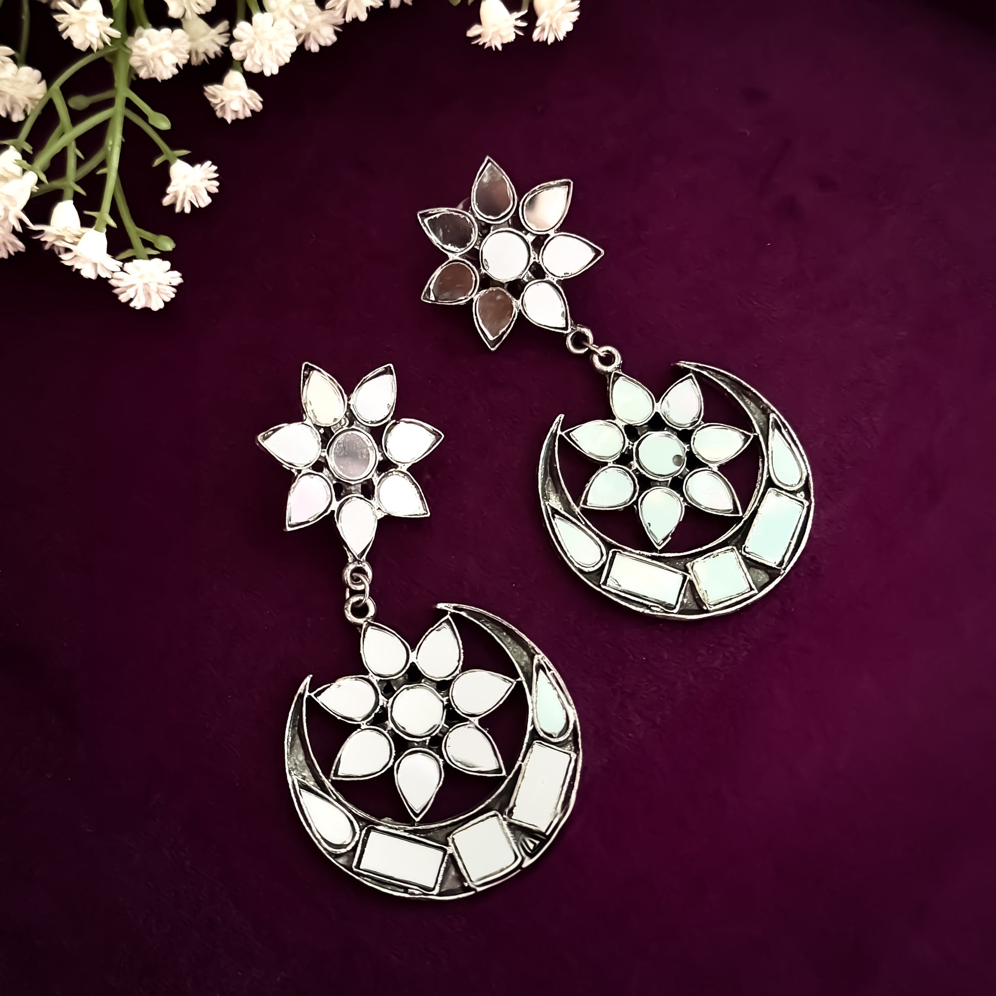 Half Moon Mirror German Silver Chandbali Earrings