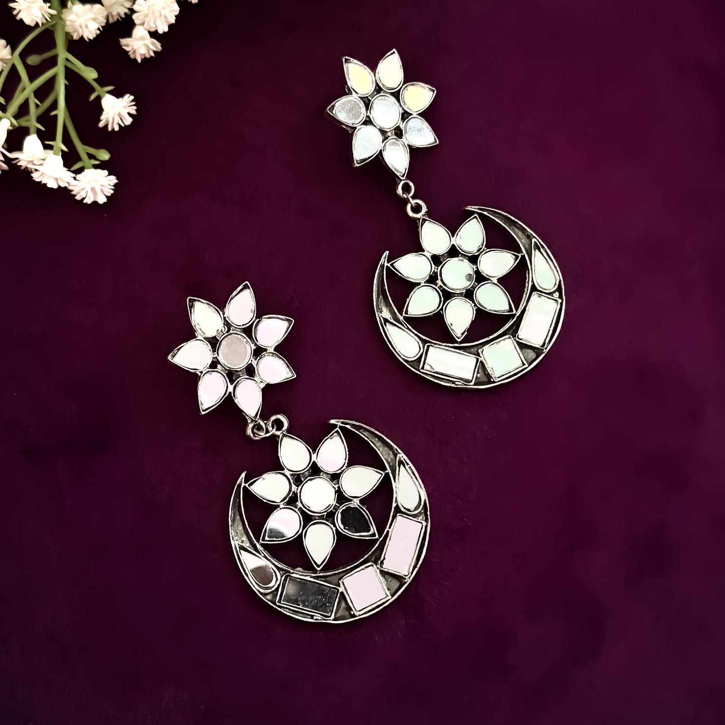 Half Moon Mirror German Silver Chandbali Earrings