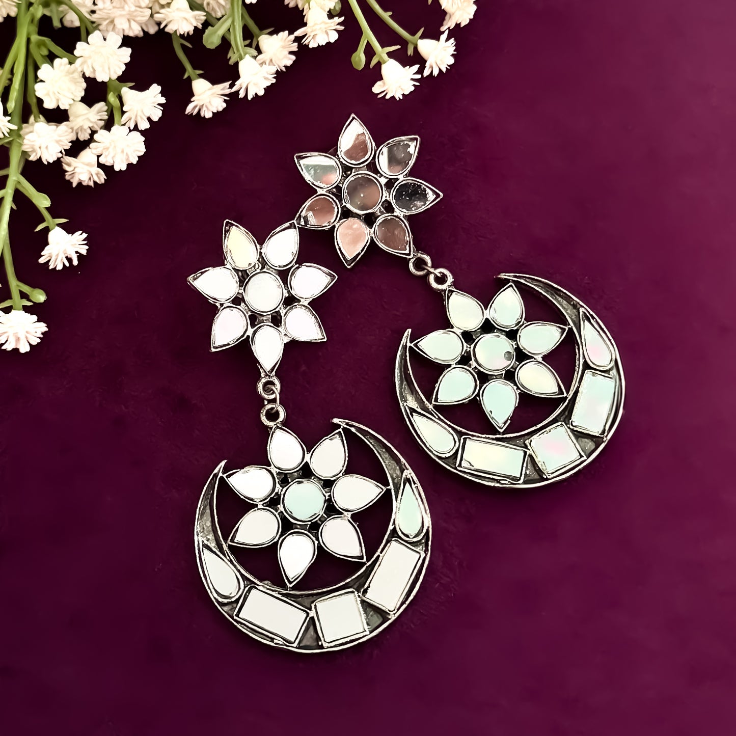 Half Moon Mirror German Silver Chandbali Earrings