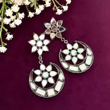 Half Moon Mirror German Silver Chandbali Earrings