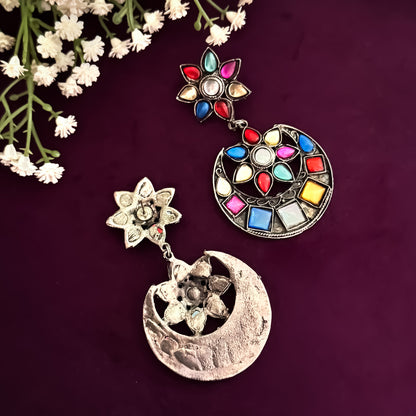 Rainbow hue German Silver Chandbali Earrings