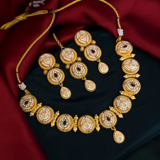 Jeevika Rajwadi Matte Polish Necklace Set - Pink & Green