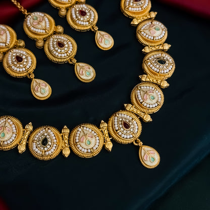 Jeevika Rajwadi Matte Polish Necklace Set - Pink & Green