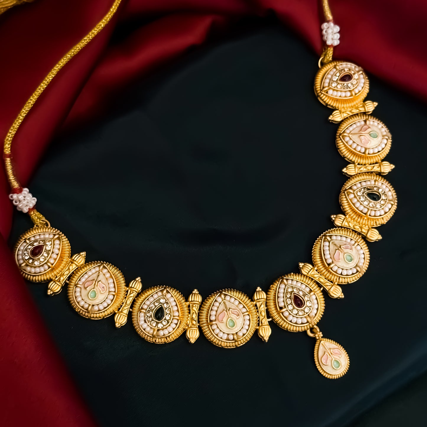 Jeevika Rajwadi Matte Polish Necklace Set - Pink & Green