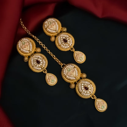 Jeevika Rajwadi Matte Polish Necklace Set - Pink