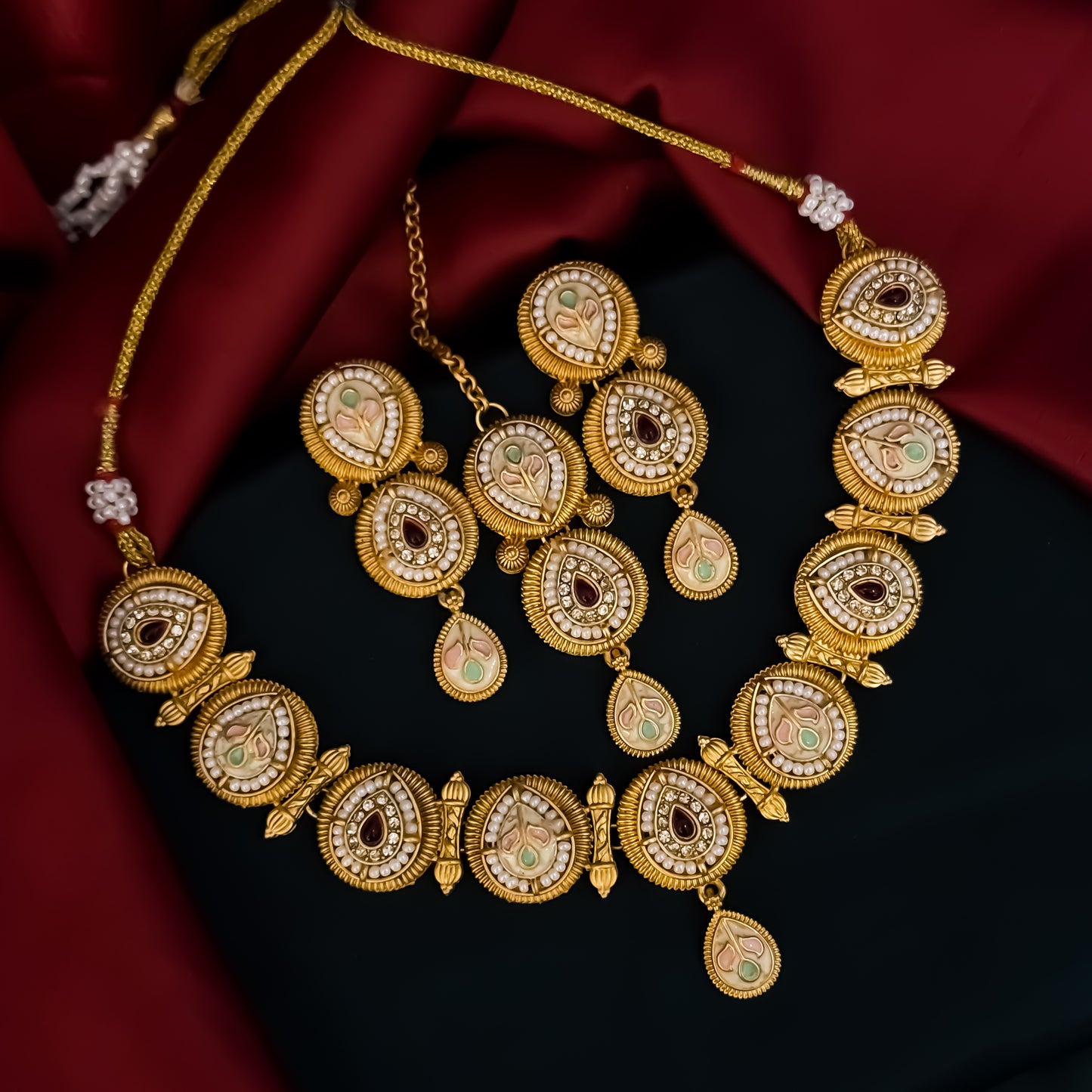 Jeevika Rajwadi Matte Polish Necklace Set - Pink