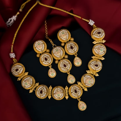 Jeevika Rajwadi Matte Polish Necklace Set - Pink