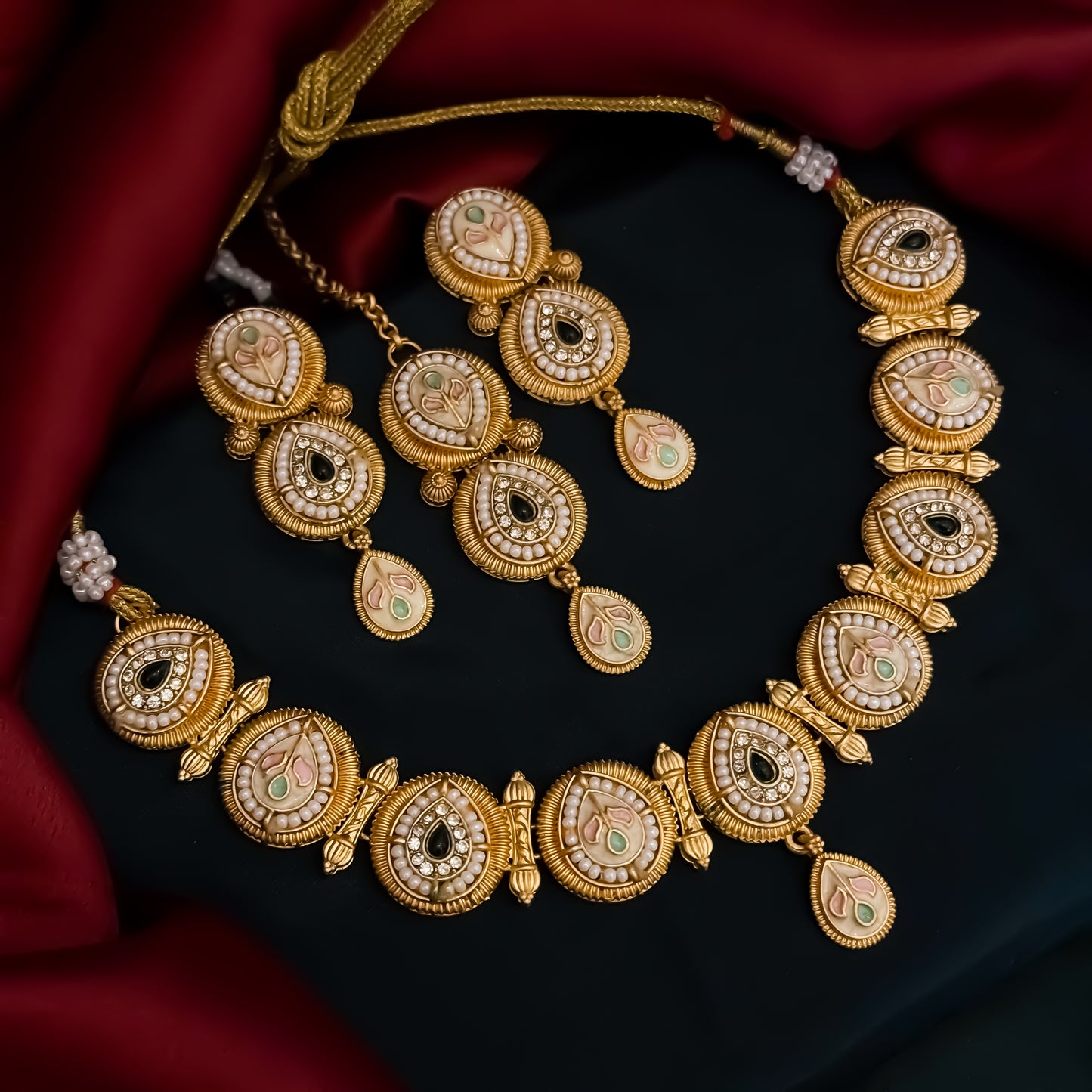 Jeevika Rajwadi Matte Polish Necklace Set - Green