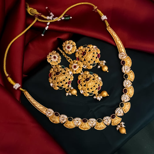 Nehal Rajwadi Matte Polish Sleek Necklace Set - Pink & Green