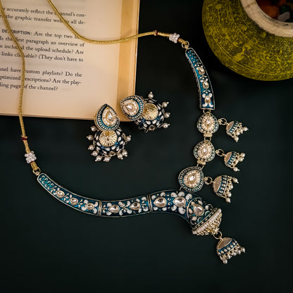 Menka Meenakari Hasli Necklace Set - Peacock Blue