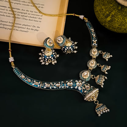 Menka Meenakari Hasli Necklace Set - Peacock Blue