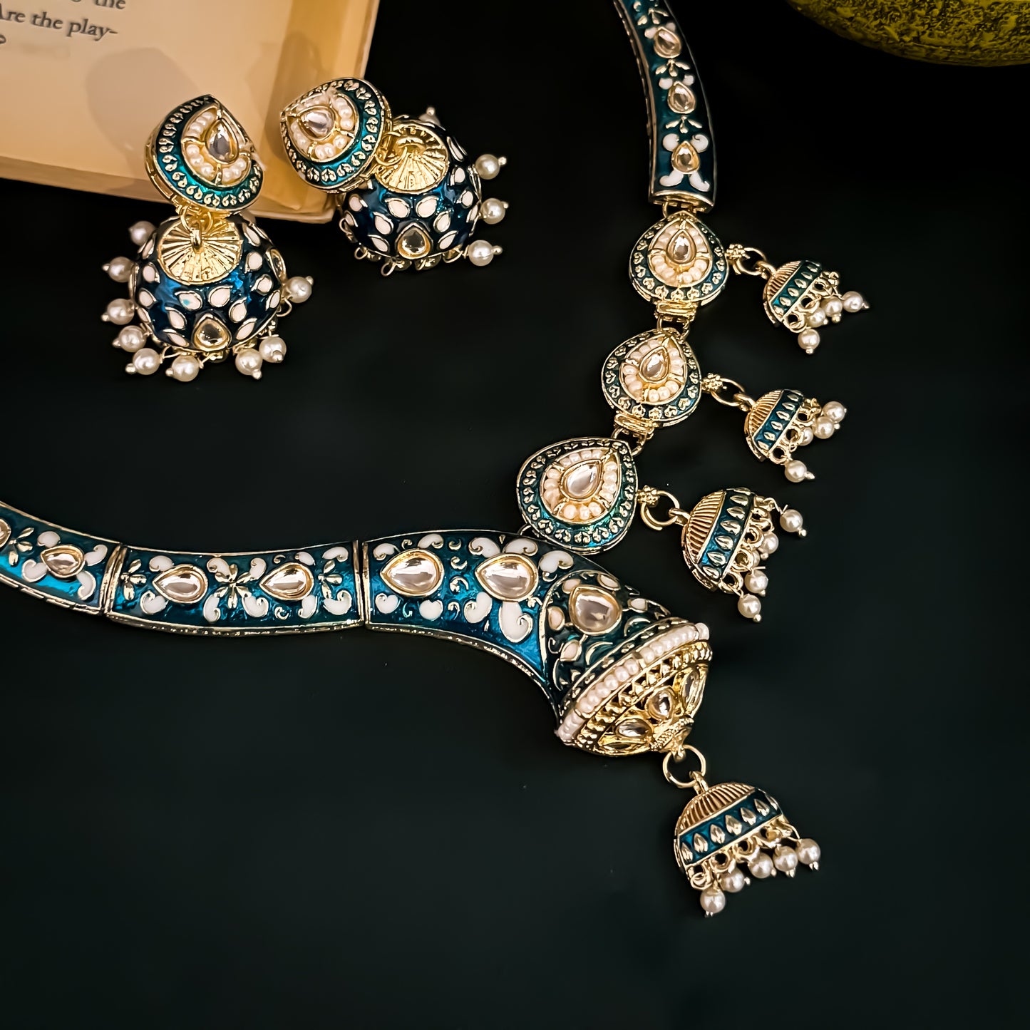 Menka Meenakari Hasli Necklace Set - Peacock Blue