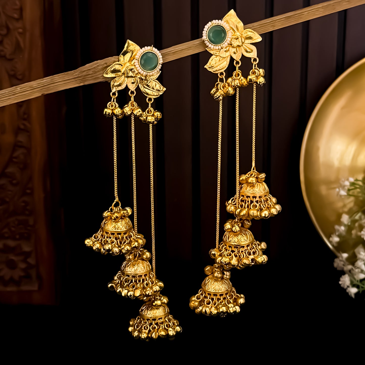 Tarini Premium Kashmiri Brass Dejhoor Ghungroo Jhumka Earrings - Golden & Pastel Green